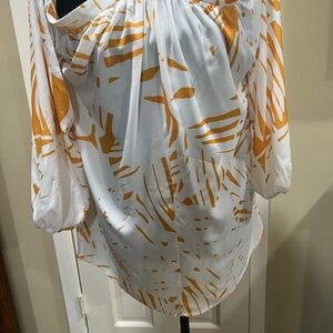 Bishop + Young Asymmetrical Ruched Raglan Blouse in Gold and White